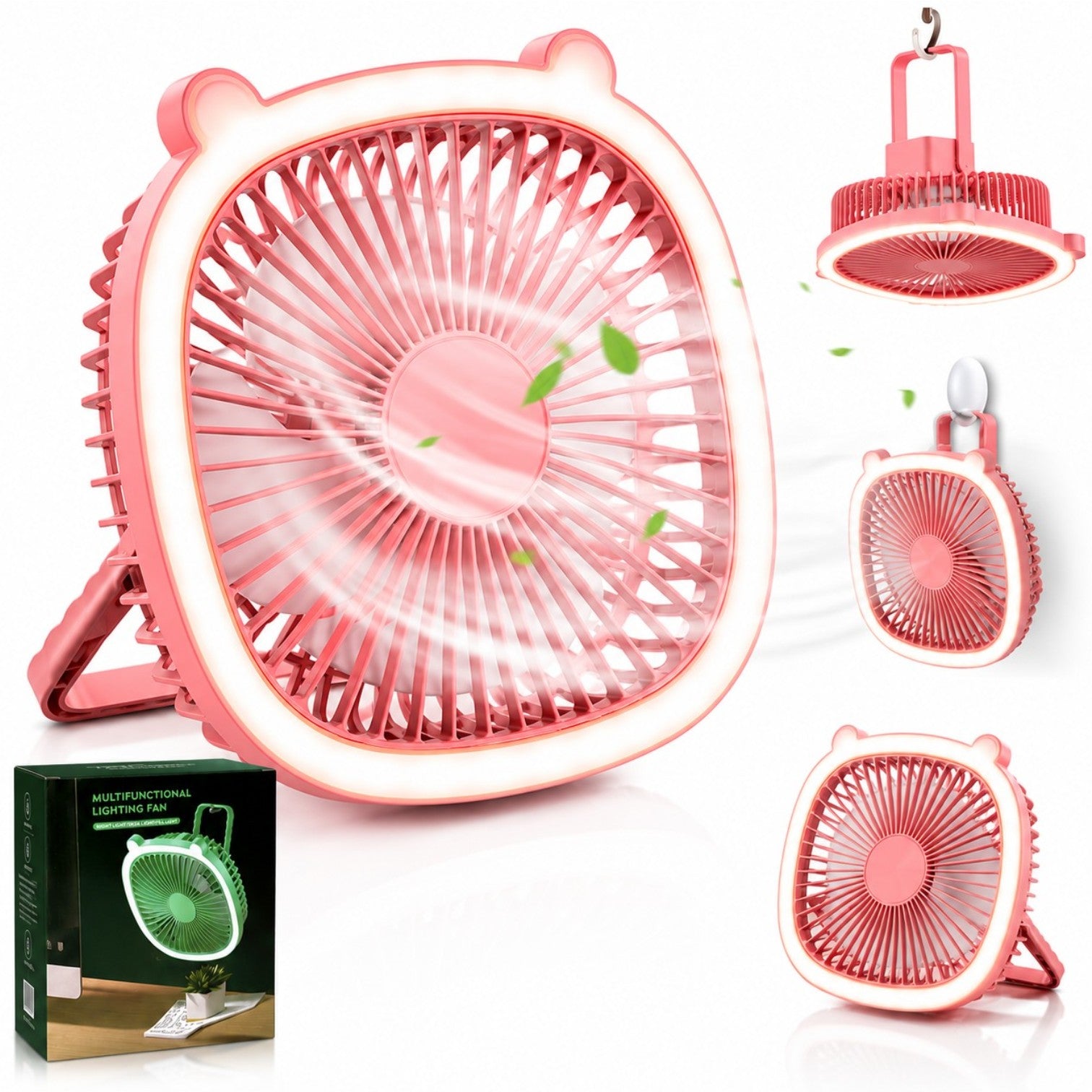 Ventilator Portabil Multifuncțional cu Lumină LED, 19cm, USB Reîncărcabil, 3 Trepte de Viteză, Suport Reglabil și Mâner pentru Agățare, Diferite Culori