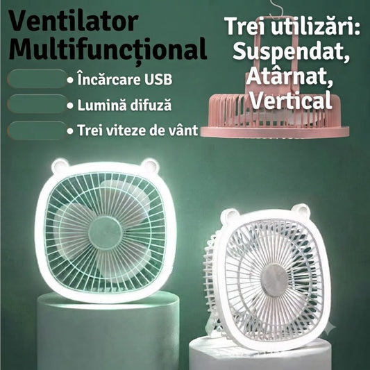 Ventilator Portabil Multifuncțional cu Lumină LED, 19cm, USB Reîncărcabil, 3 Trepte de Viteză, Suport Reglabil și Mâner pentru Agățare, Diferite Culori
