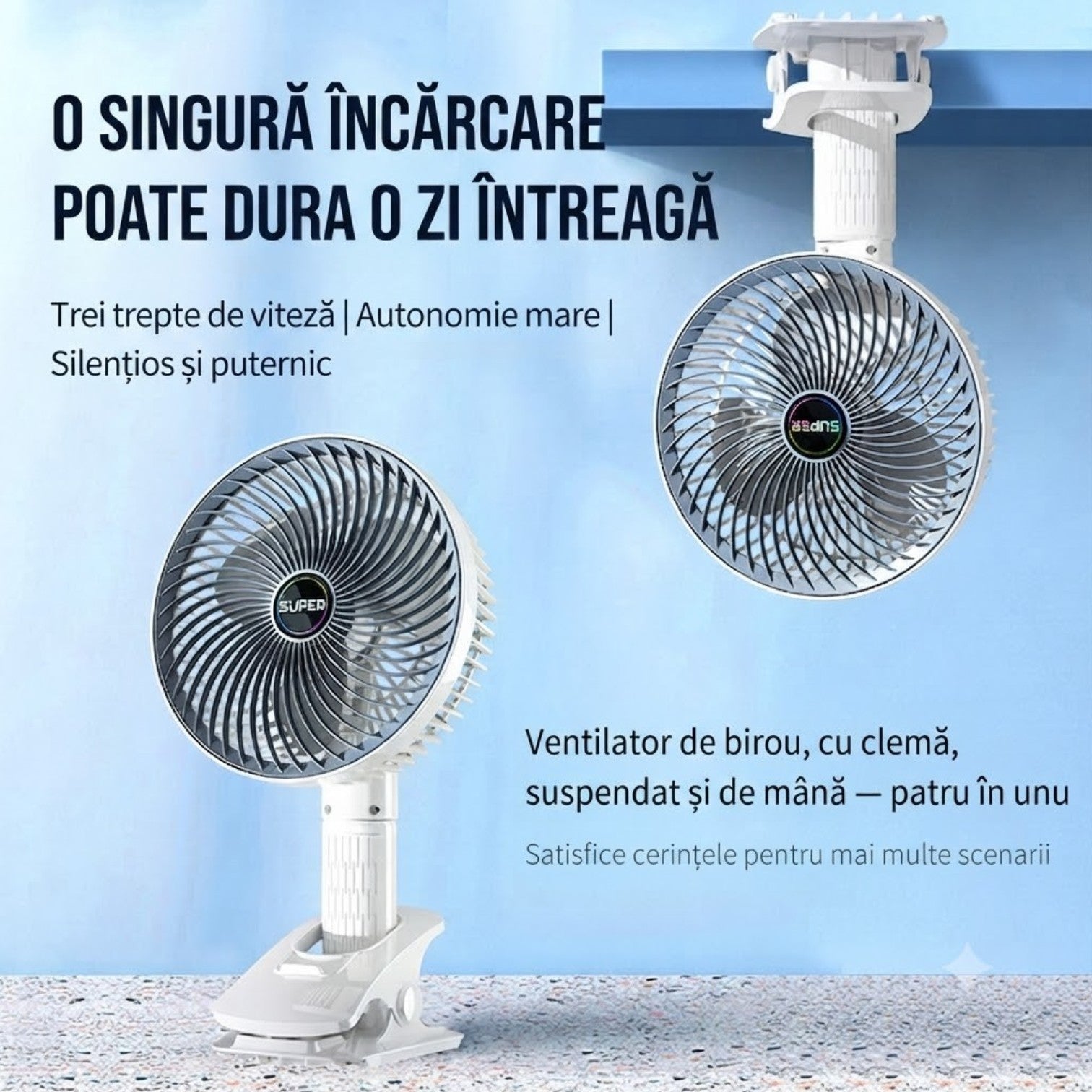 Ventilator Portabil cu Clemă 30×16cm, USB Reîncărcabil, 3 Trepte de Viteză, Rotire Reglabilă 360°