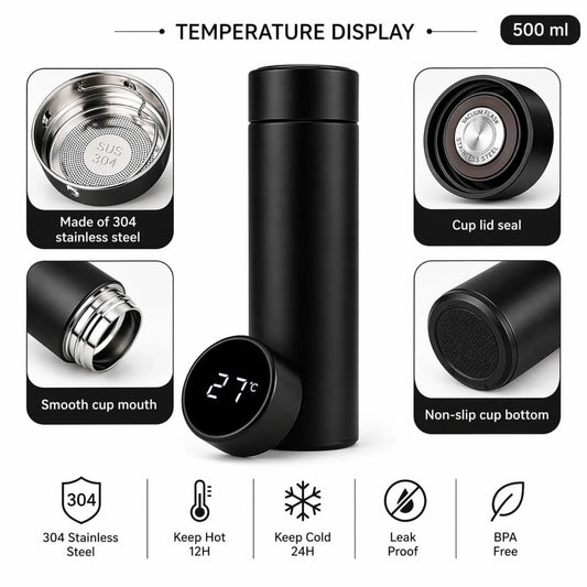 Termos Inteligent 500ml cu Afișaj LED al Temperaturii, 22.5×6.5cm, Oțel Inoxidabil, Filtru pentru Ceai și Capac Etanș&nbsp;