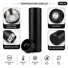 Termos Inteligent 500ml cu Afișaj LED al Temperaturii, 22.5×6.5cm, Oțel Inoxidabil, Filtru pentru Ceai și Capac Etanș&nbsp;