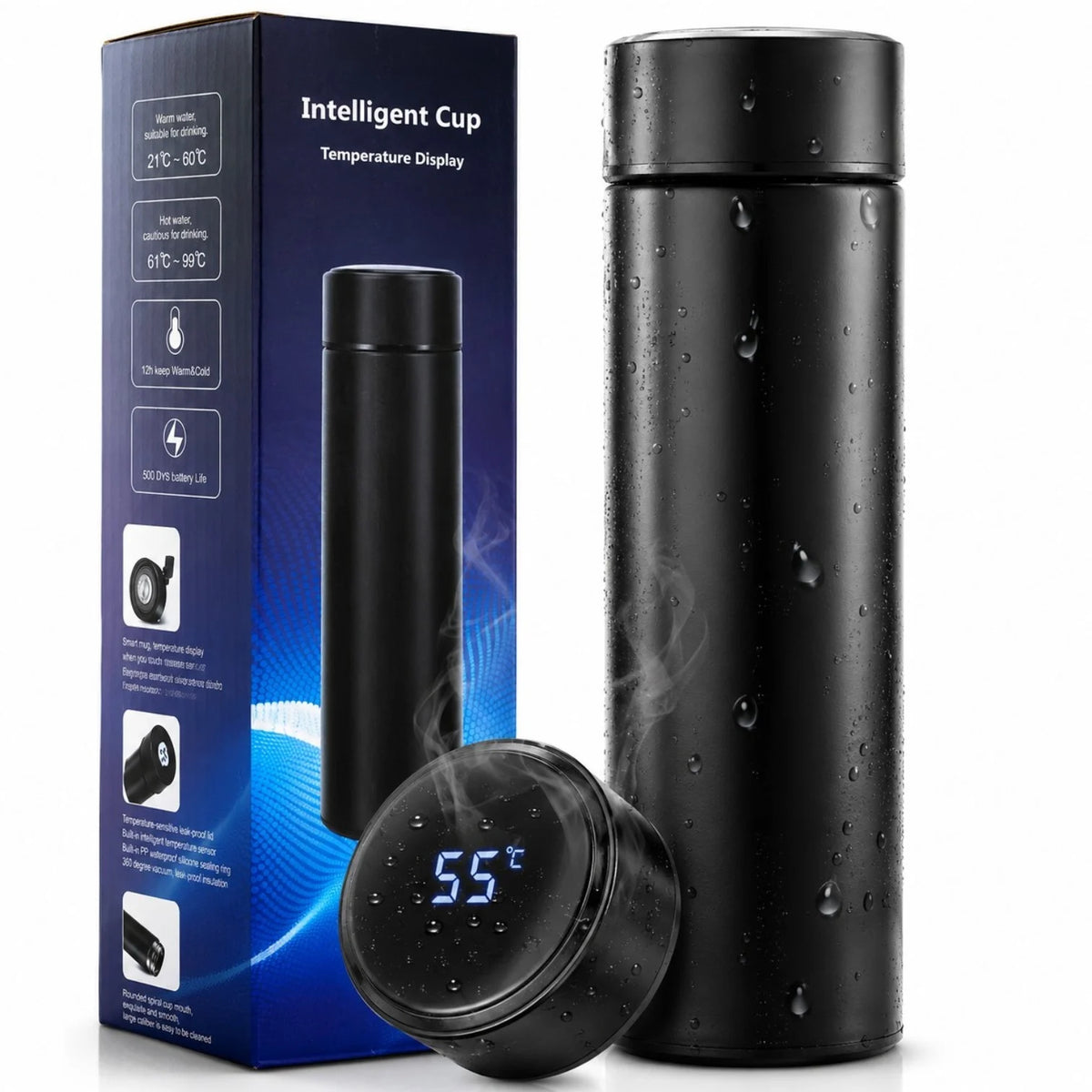 Termos Inteligent 500ml cu Afișaj LED al Temperaturii, 22.5×6.5cm, Oțel Inoxidabil, Filtru pentru Ceai și Capac Etanș&nbsp;