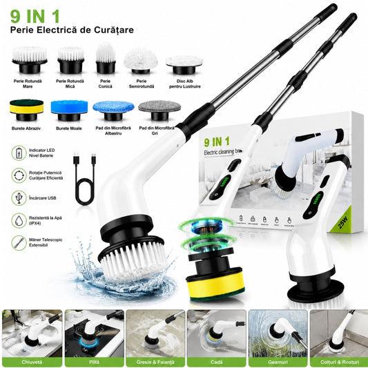 Perie Electrică de Curățare 9 în 1, 25W, 110–120cm Reîncărcabilă USB, Mâner Telescopic Extensibil, 9 Capete Interschimbabile, Multifunctionala&nbsp;