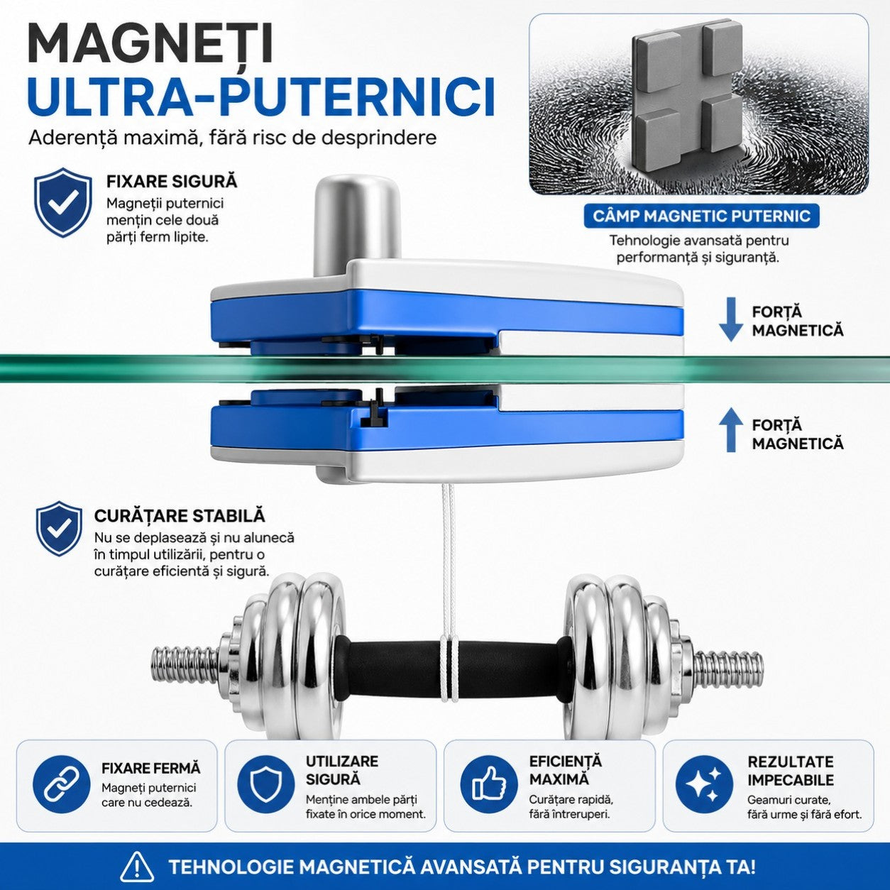 Curatator Magnetic pentru Geamuri cu Două Fețe, 16x13.5x6cm, cu Șnur de Siguranță și Bureți de Rezervă, Curățare Interioară și Exterioară Simultană&nbsp;