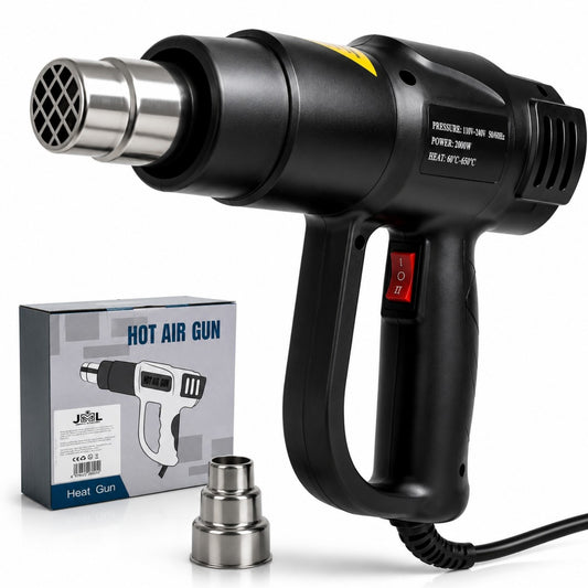 Pistol cu Aer Cald 2000W, Temperatură Reglabilă 60–600°C, 2 Trepte de Debit Aer, Protecție la Supraîncălzire, Duză Inclusă, pentru Decapare Vopsea, Tub Termocontractabil, Folii, Dezghețare și Uscare&nbsp;