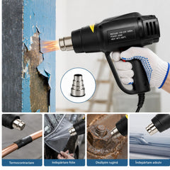 Pistol cu Aer Cald 2000W, Temperatură Reglabilă 60–600°C, 2 Trepte de Debit Aer, Protecție la Supraîncălzire, Duză Inclusă, pentru Decapare Vopsea, Tub Termocontractabil, Folii, Dezghețare și Uscare&nbsp;