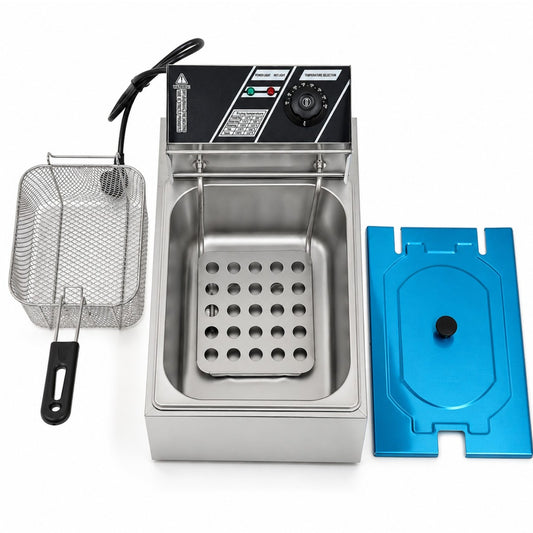 Friteuză Electrică Profesională din Inox, 45×29×26cm, 3.5kg, Termostat Reglabil, Coș din Oțel Inoxidabil cu Capac Inclus, 2500W&nbsp;