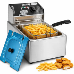 Friteuză Electrică Profesională din Inox, 45×29×26cm, 3.5kg, Termostat Reglabil, Coș din Oțel Inoxidabil cu Capac Inclus, 2500W&nbsp;