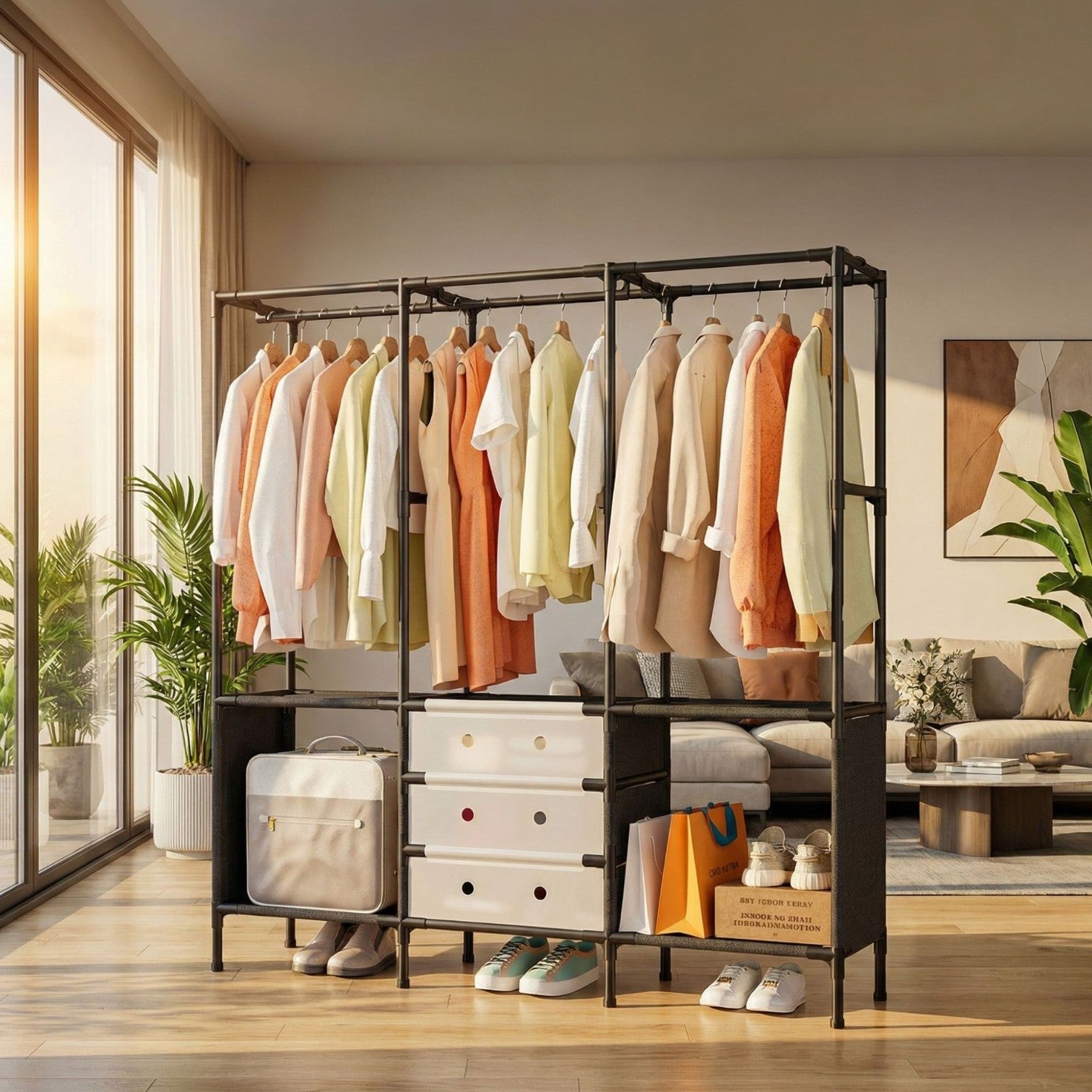 Dulap Textil Modular 122x41x188cm cu Uși Rabatabile, Organizator pentru Haine și Depozitare, Cadru Metalic&nbsp;