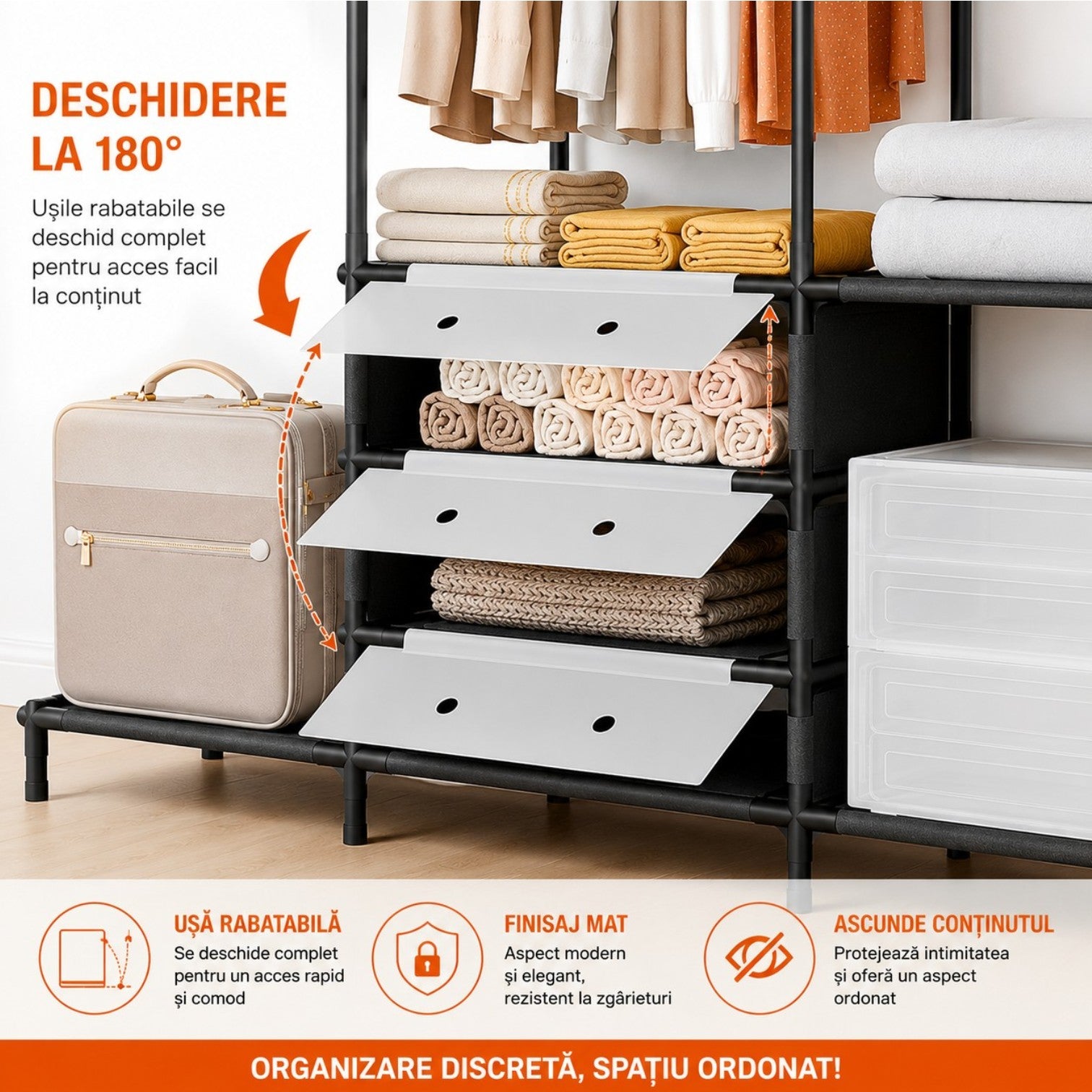 Dulap Textil Modular 122x41x188cm cu Uși Rabatabile, Organizator pentru Haine și Depozitare, Cadru Metalic&nbsp;