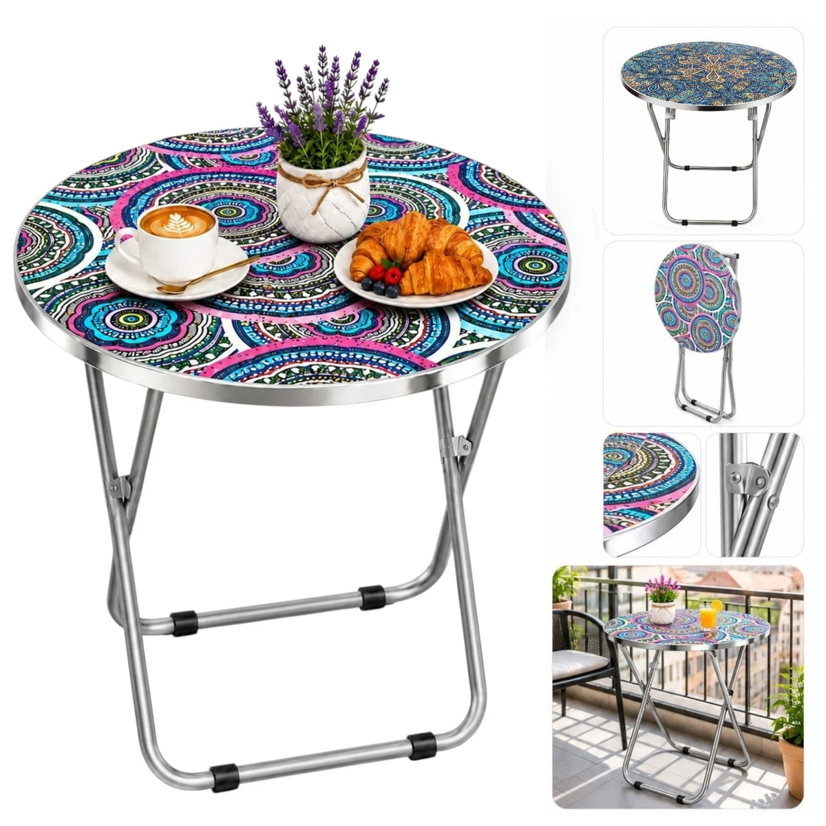 Masa Pliabila Rotundă 60×70cm, Cadru Metalic 2/set, Blat Decorativ, Diferite Modele&nbsp;