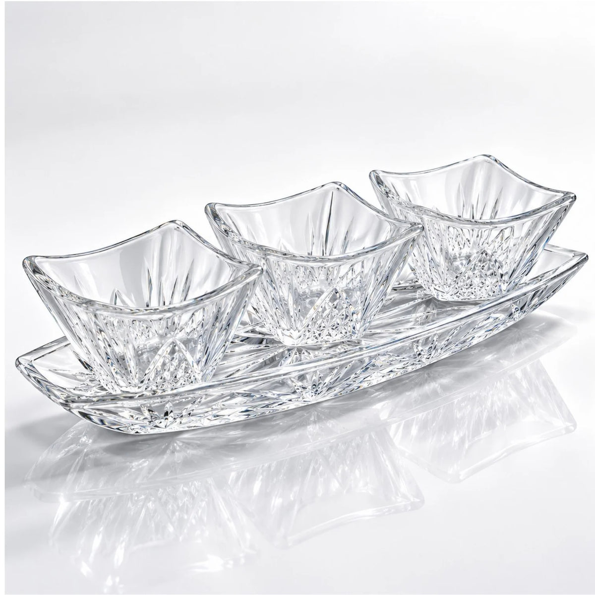 Boluri 9.5x6cm, cu Platou 30cm din Sticlă, 4 Piese, Model Cristal