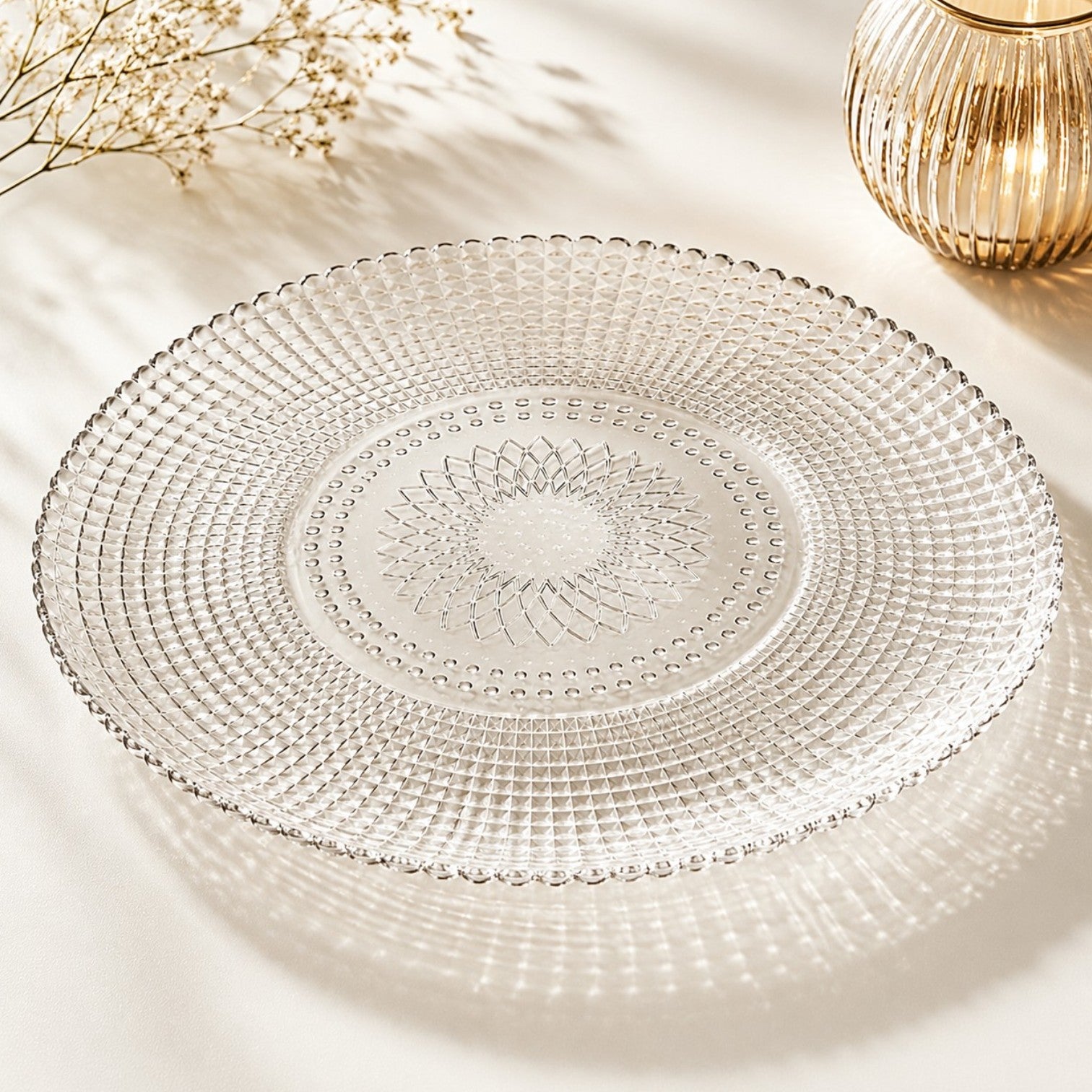 Platou din Sticlă 6/set, Transparent 27cm, Model Floral