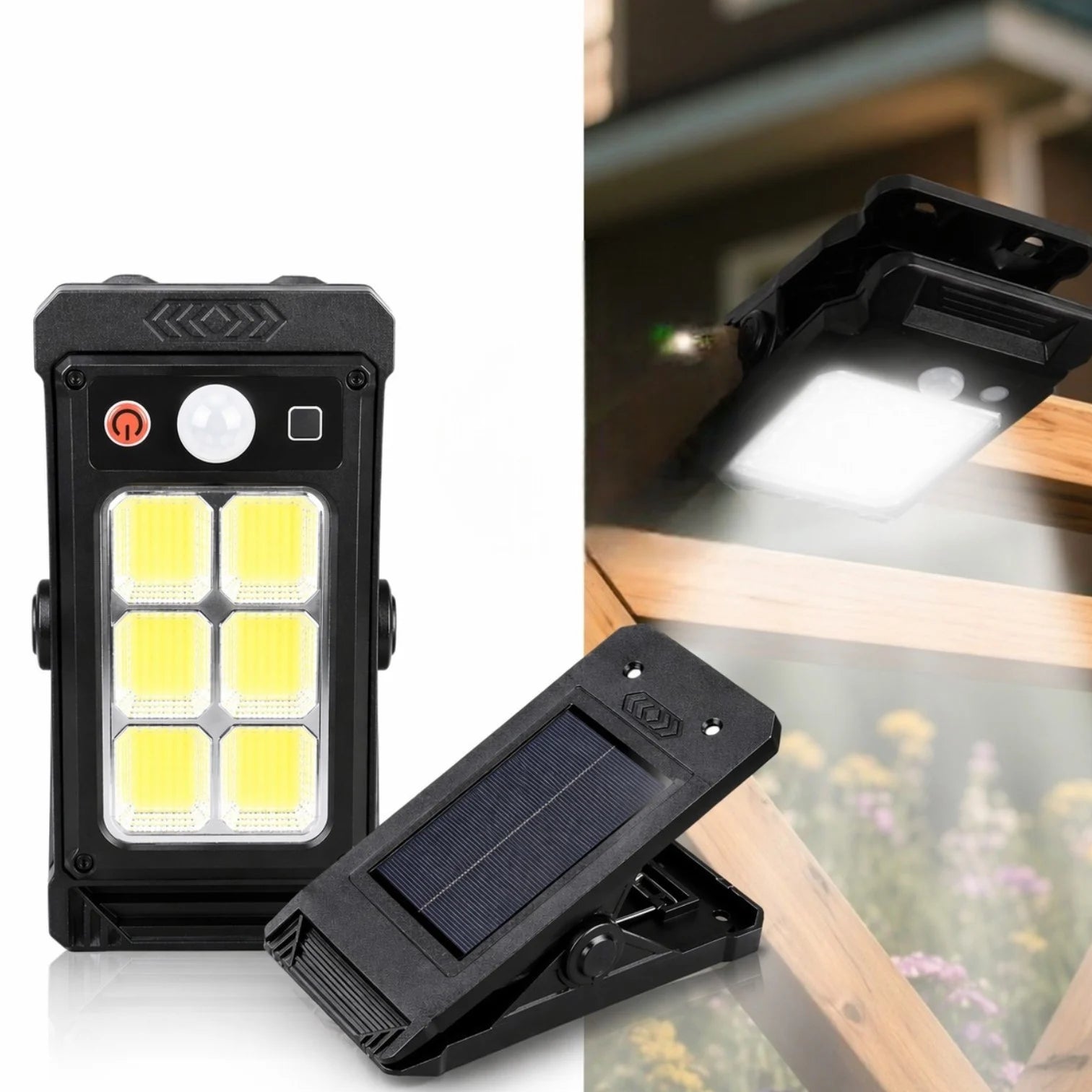 Lampă Solară LED 17x8cm, Tip Clește Reglabil, 6 LED-uri COB Puternice, Senzor de Mișcare, Panou Solar Integrat, Montaj Rapid pe Gard sau Balustradă, Rezistentă la Apă