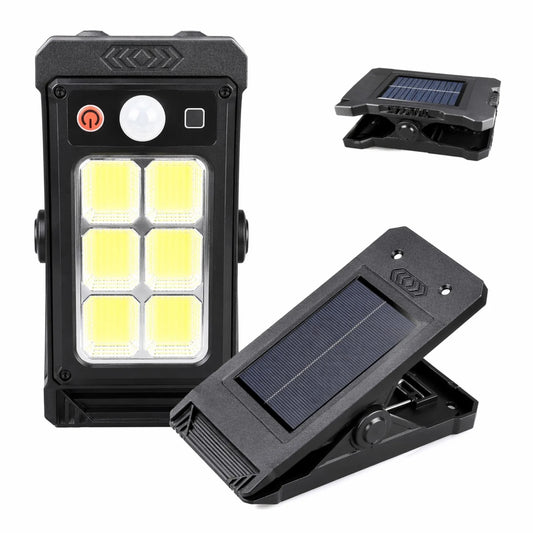 Lampă Solară LED 17x8cm, Tip Clește Reglabil, 6 LED-uri COB Puternice, Senzor de Mișcare, Panou Solar Integrat, Montaj Rapid pe Gard sau Balustradă, Rezistentă la Apă