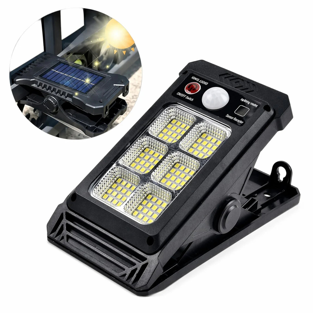 Lampă Solară LED 17x8cm, Tip Clește Reglabil, 6 LED-uri COB Puternice, Senzor de Mișcare, Panou Solar Integrat, Montaj Rapid pe Gard sau Balustradă, Rezistentă la Apă