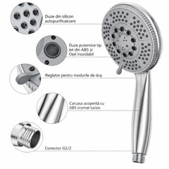Cap de Duș 24cm cu 5 Moduri de Jet, cu Furtun Flexibil și Suport Inclus Duze din Silicon