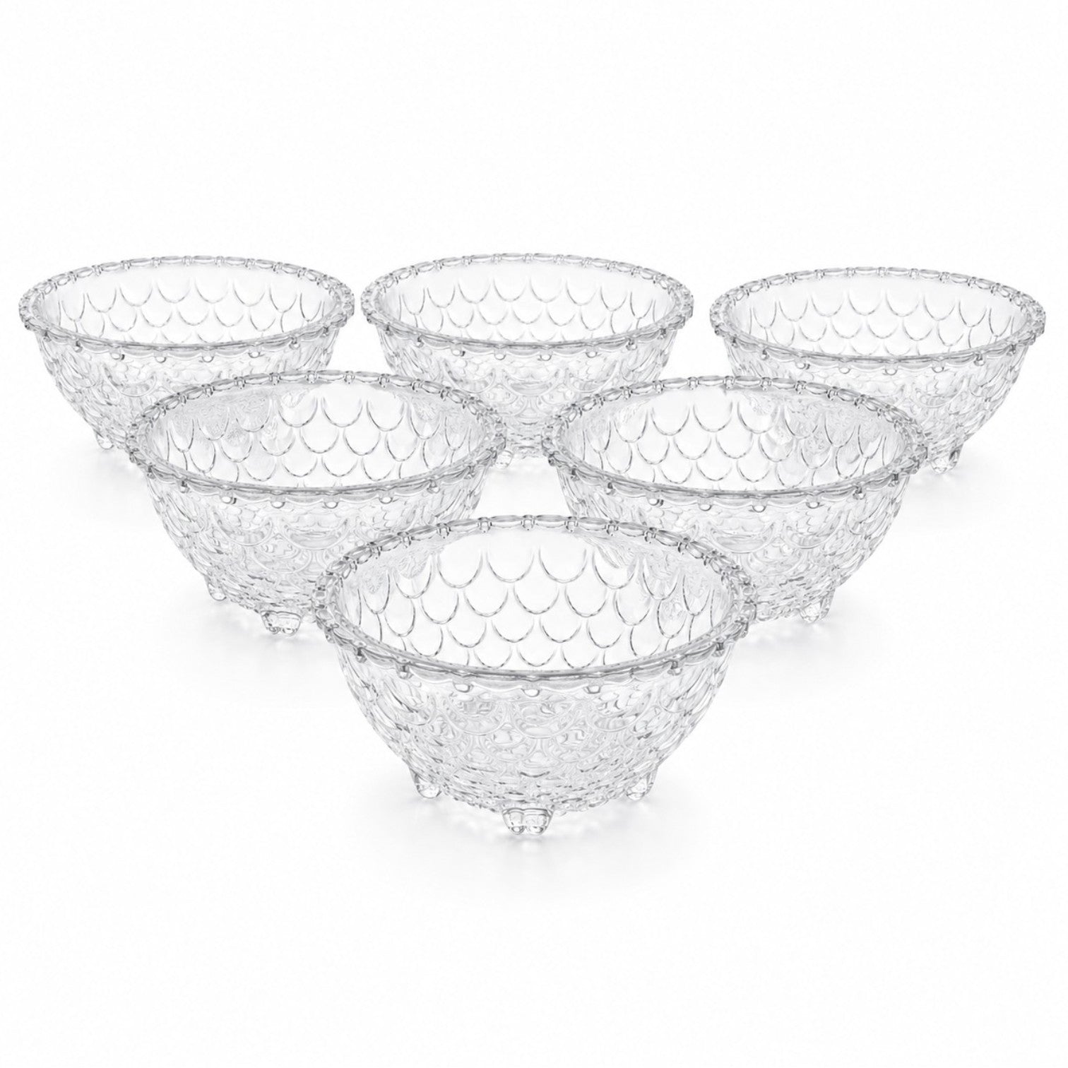 Bol din Sticla 6/set, Model Solzi cu Piciorușe, 11.5x5cm Transparent