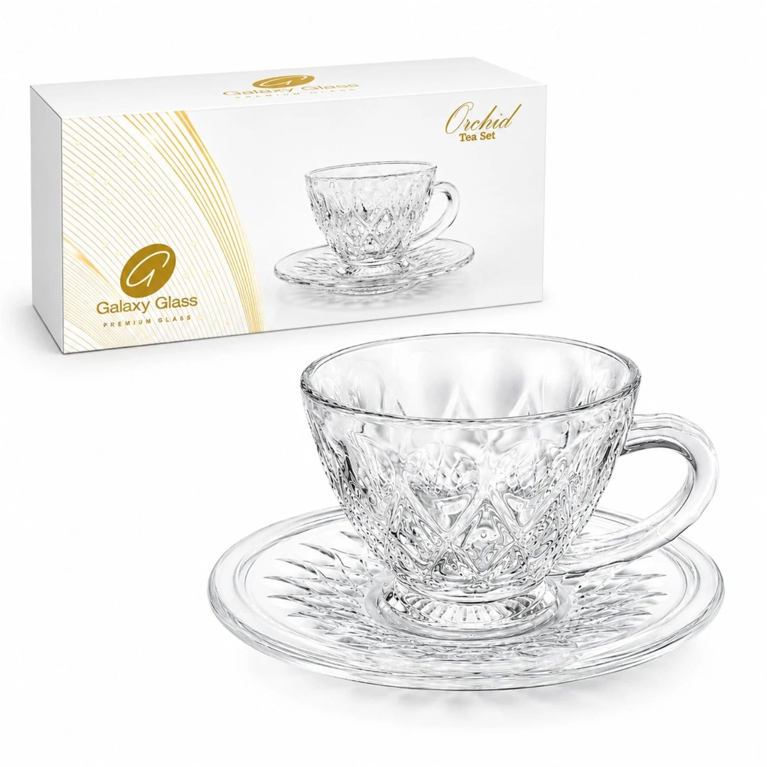 Cana 7x9cm cu Farfurioara 14.5cm, din Sticla 6/set, Model Cristal