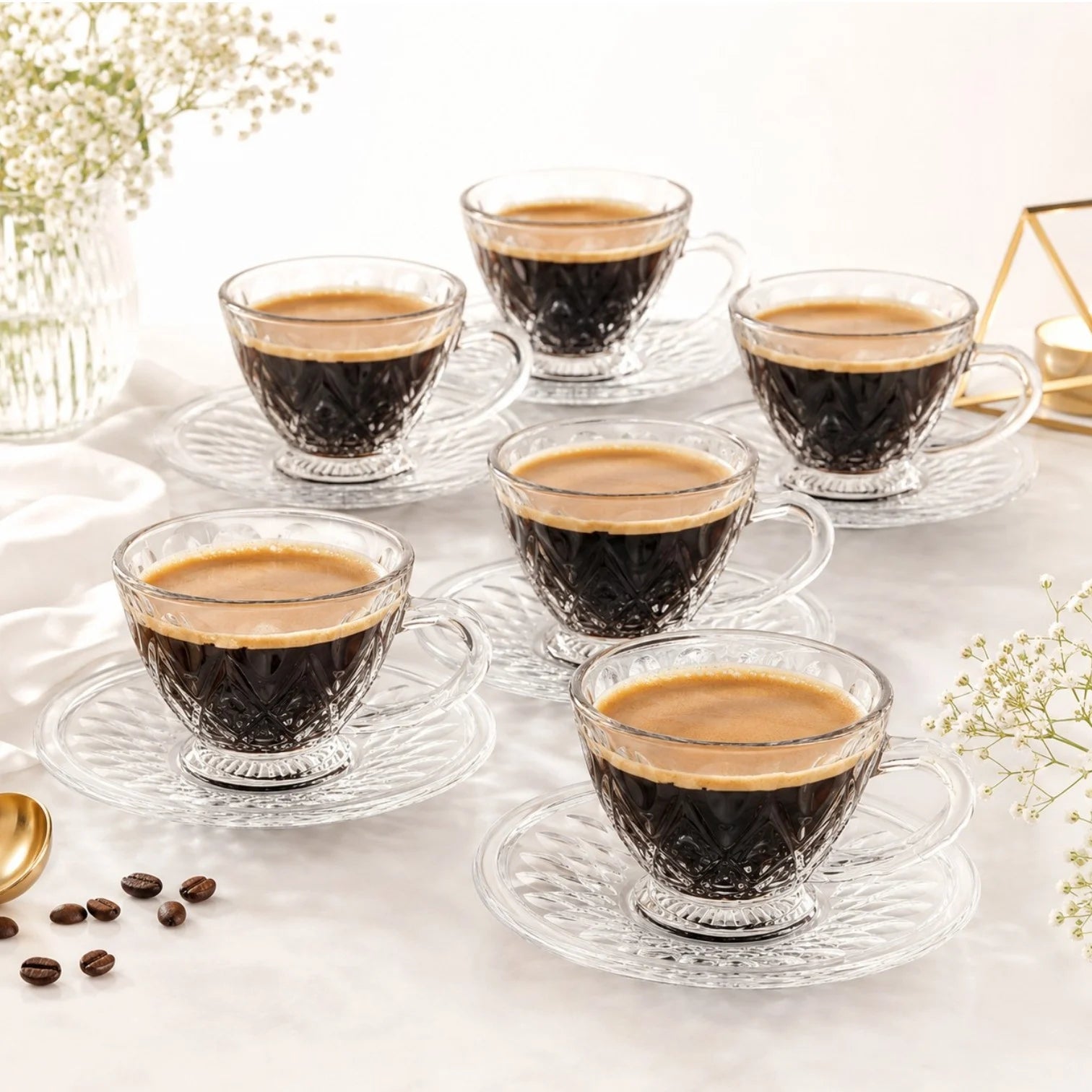 Cana 7x9cm cu Farfurioara 14.5cm, din Sticla 6/set, Model Cristal