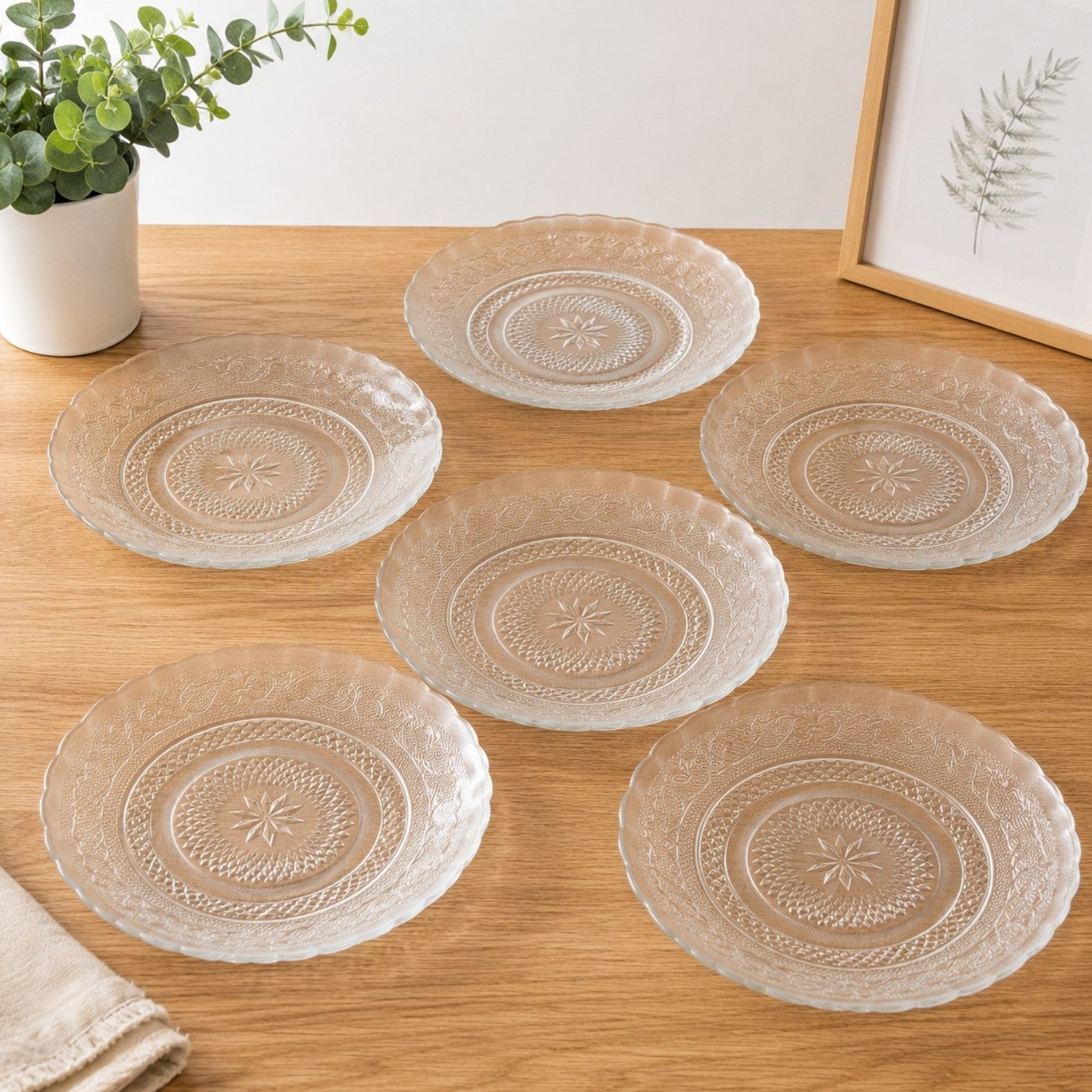 Farfurie Adâncă 6/set din Sticlă, 22.5x4.5cm, Model Cristal Floral, Transparentă
