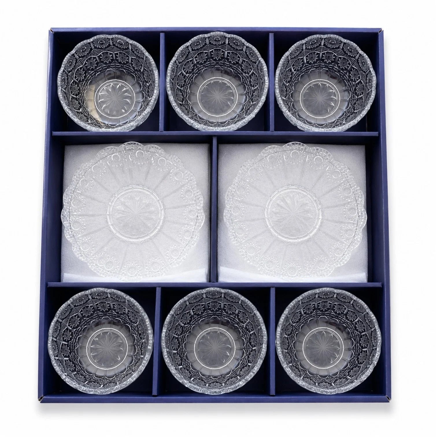 Cupa 11x5.5cm, cu Farfurie 14cm din Sticlă, 6/set pentru Înghețată, Model Cristal