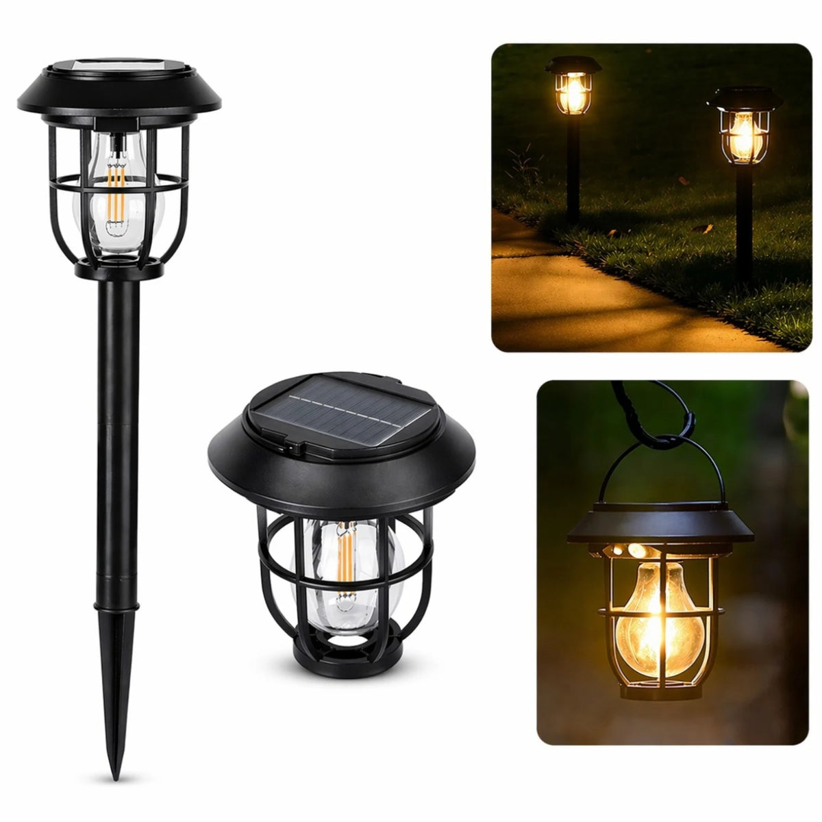 Lampă Solară de Grădină 46cm, Tip Felinar LED 13cm, Portabila cu Panou Solar Integrat, Țăruș pentru Montaj în Sol și Agățătoare pentru Suspendare