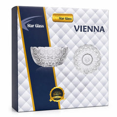 Cupa 11x5.5cm, cu Farfurie 14cm din Sticlă, 6/set pentru Înghețată, Model Cristal