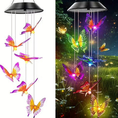 Lampa Solara LED 70cm cu Clopotel de Vant, Model cu 6 Fluturasi Multicolori, Panou Solar si Agățătoare Inclusă din Plastic