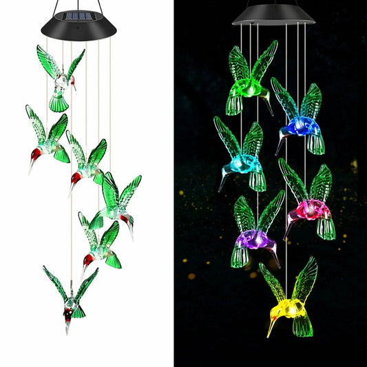 Lampa Solara LED 63cm cu Clopotel de Vant, Model cu 6 Colibri Verzi, din Plastic, Iluminare LED Multicoloră, Panou Solar si Agățătoare Inclusă