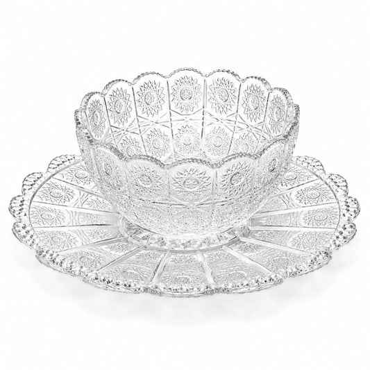 Cupa 11x5.5cm, cu Farfurie 14cm din Sticlă, 6/set pentru Înghețată, Model Cristal