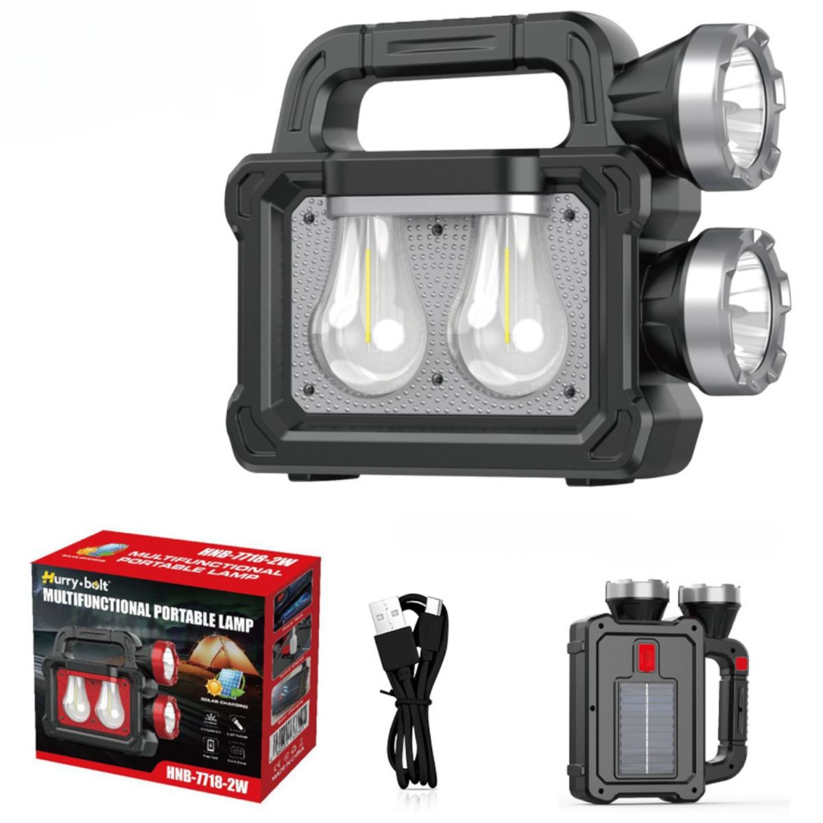 Lanterna Solară Portabilă LED 16.5x20cm cu 5 Moduri de Lumină, Două Proiectoare Laterale Lumină Caldă/Rece Engros