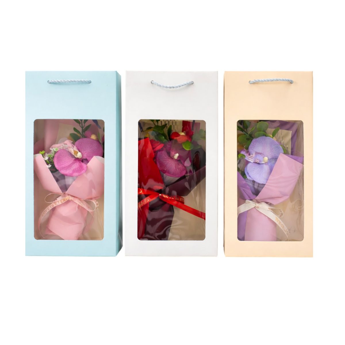 Decorațiune Artificială 3/set Buchet din Plastic si Material Împletit, 25cm în Cutie de Cadou cu Fereastră Diferite Culori Engros