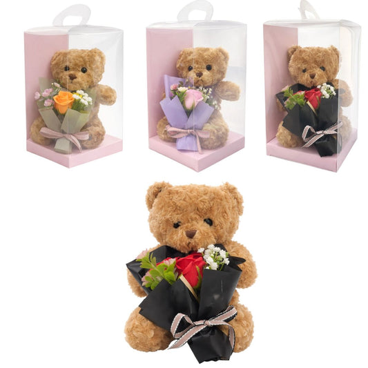 Decorațiune Cadou Ursuleț 30cm, cu Buchet Artificial 18cm, în Cutie Transparentă 30x17cm Diferite Culori Engros