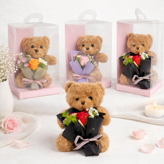 Decorațiune Cadou Ursuleț 30cm, cu Buchet Artificial 18cm, în Cutie Transparentă 30x17cm Diferite Culori Engros