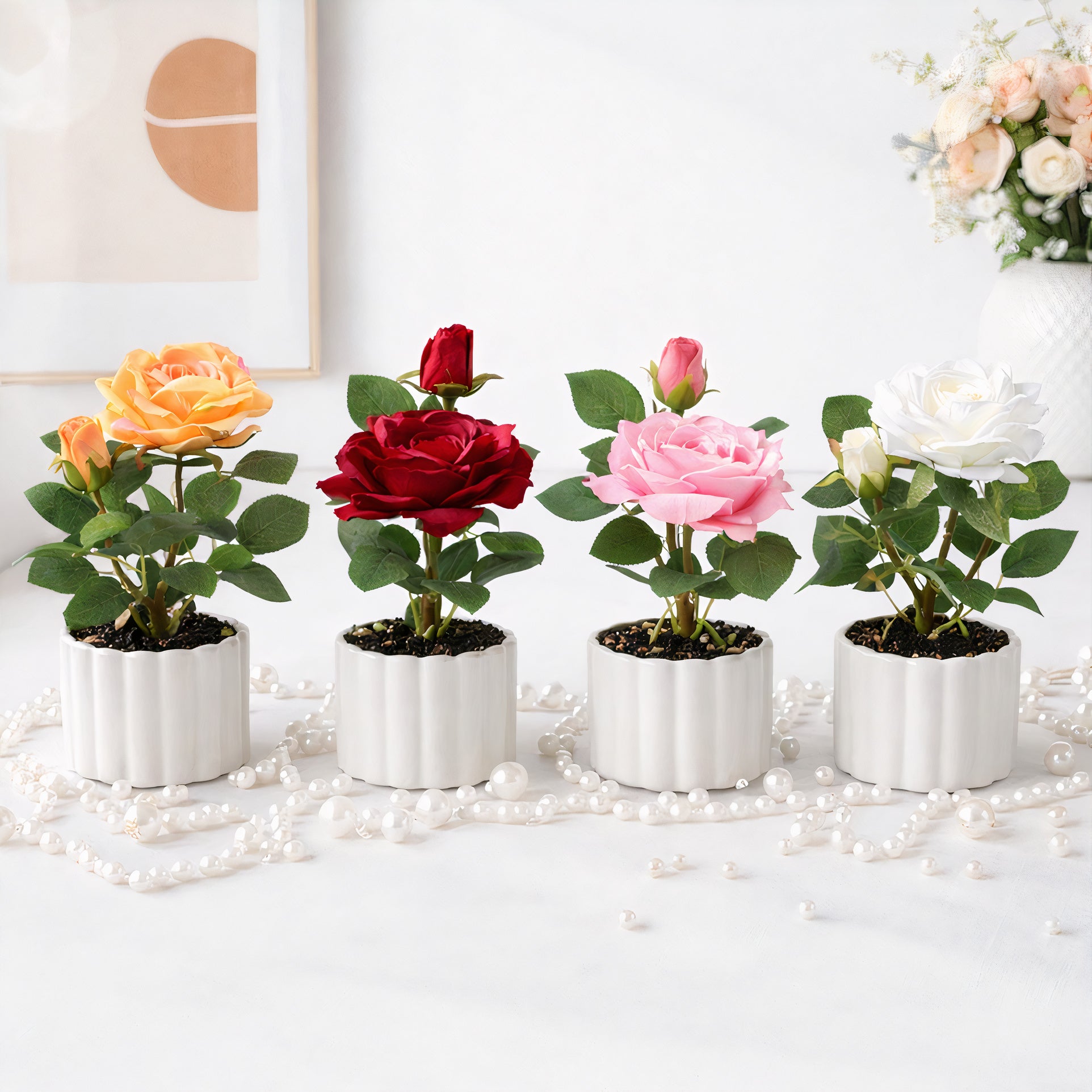 Flori Artificiale 23cm, Model Trandafir în Ghiveci, din Plastic Diferite Culori Engros