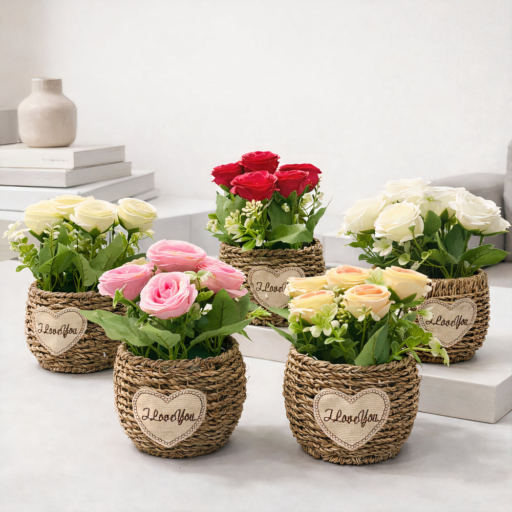 Flori Artificiale 22cm, Model Trandafir în Ghiveci Împletit din Nuiele, Diferite Culori Engros