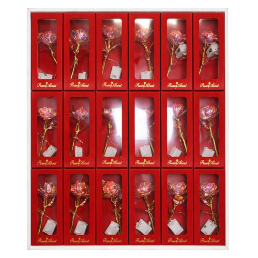 Trandafir Cristalizat 15/set cu Lumină LED Multicoloră 11cm, Cutie cu Capac 13cm in Pungă Cadou 16cm Diferite Culori Engros