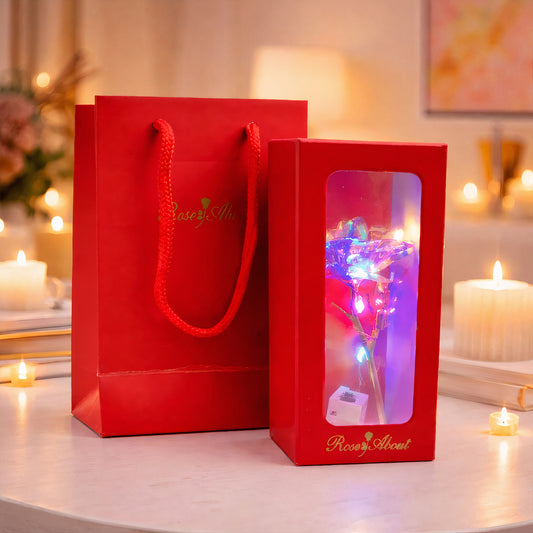 Trandafir Cristalizat 15/set cu Lumină LED Multicoloră 11cm, Cutie cu Capac 13cm in Pungă Cadou 16cm Diferite Culori Engros
