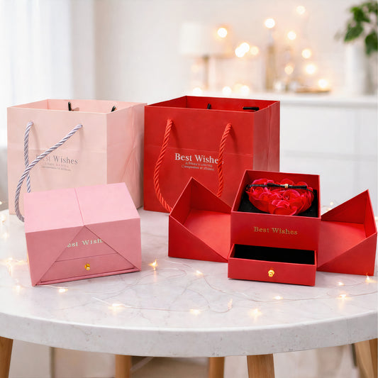 Cutie Cadou cu Flori din Săpun Parfumate cu Sertar pentru Bijuterii 15x5x9.5cm, Pungă Cadou Inclusă Diferite Culori Engros