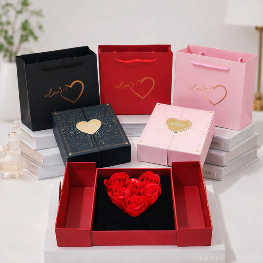 Cutie Cadou cu Flori din Săpun Parfumate în Formă de Inimă 23cm, cu Sertar pentru Bijuterii Punga Cadou Inclusa Diferite Culori Engros