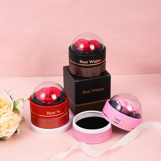 Cutie Cadou Rotundă cu Trandafir din Săpun sub Cupolă Transparentă, 11x10 cm cu Sertar pentru Bijuterii Diferite Culori Engros