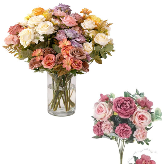 Buchet Flori Artificiale 2/set Aranjament Decorativ 30cm, cu Flori și Frunze Diferite Culori Engros