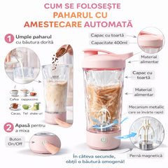 Pahar cu Amestecare Automată 20cm cu Mecanism Rotativ, Capac cu Orificiu pentru Băut Buton On/Off din Plastic Reîncărcabil Engros