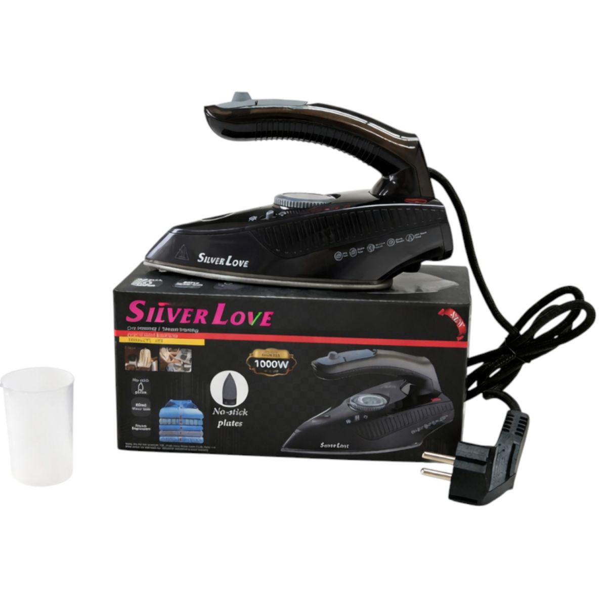 Fier de Călcat Silver Love PL-388, 1000W, 20.5x 8.5cm cu Abur și Uscat, Talpă Antiaderentă Rezervor Apă 80ml Engros