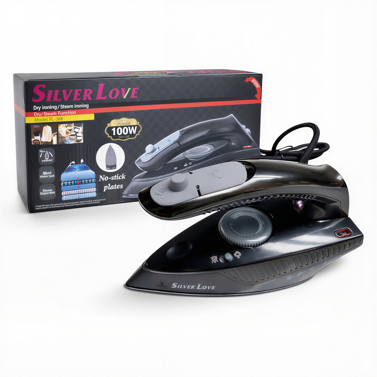Fier de Călcat Silver Love PL-388, 1000W, 20.5x 8.5cm cu Abur și Uscat, Talpă Antiaderentă Rezervor Apă 80ml Engros