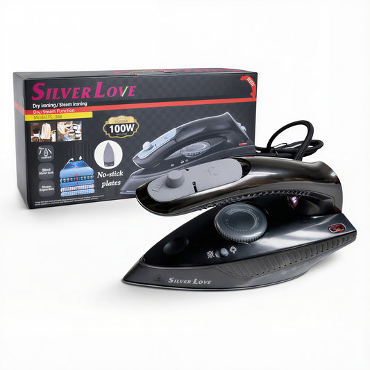 Fier de Călcat Silver Love PL-388, 1000W, 20.5x 8.5cm cu Abur și Uscat, Talpă Antiaderentă Rezervor Apă 80ml Engros