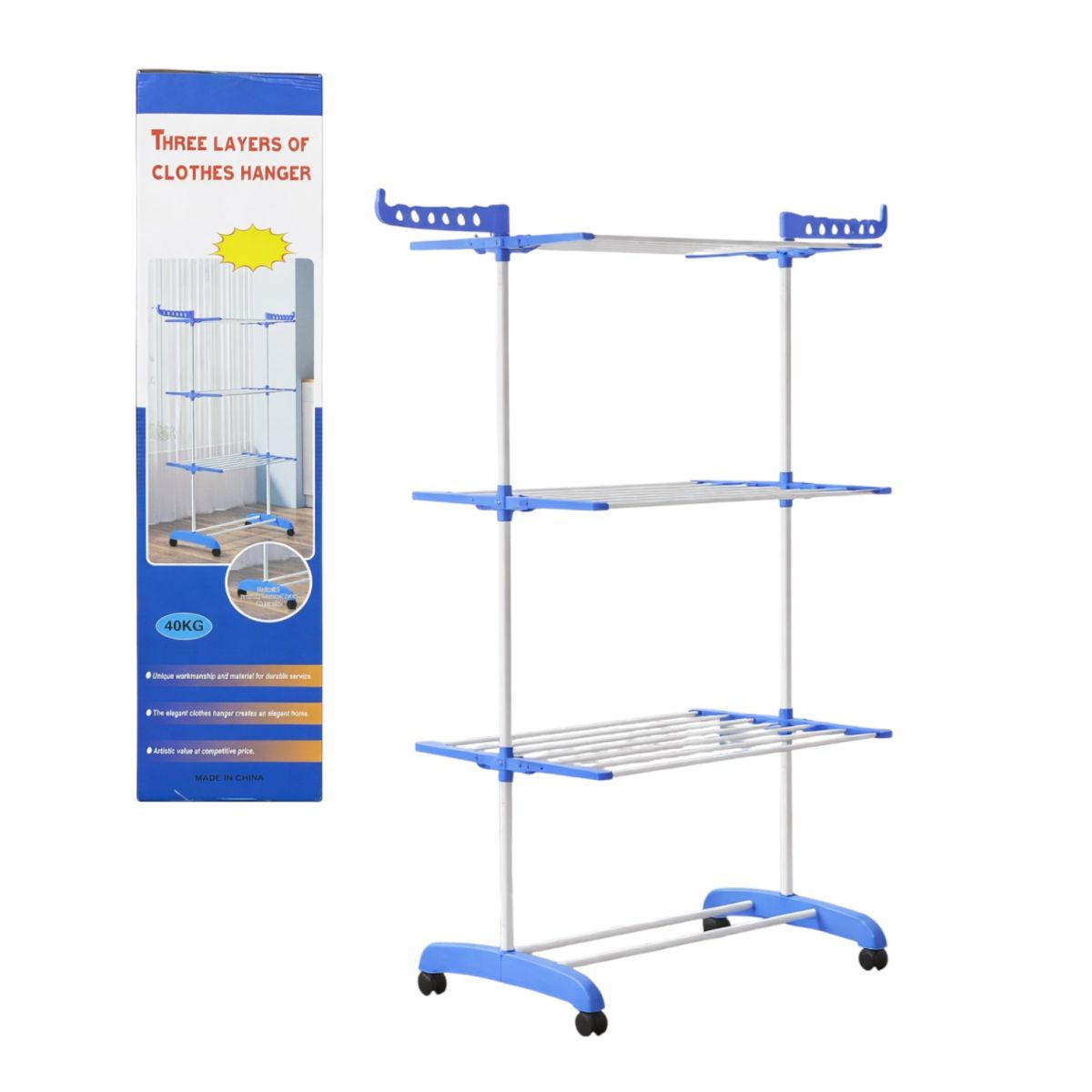 Uscător Haine 165×73×45cm cu 3 Niveluri din Metal, Susținere 40 kg cu o Bară și 2 Suporturi pentru Umerașe Engros