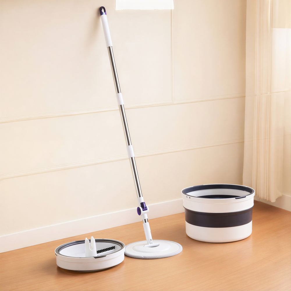 Mop Rotativ cu Mâner Telescopic 118–140cm si Găleată Pliabilă 32x19cm, Stoarcere prin Rotire din Plastic Engros