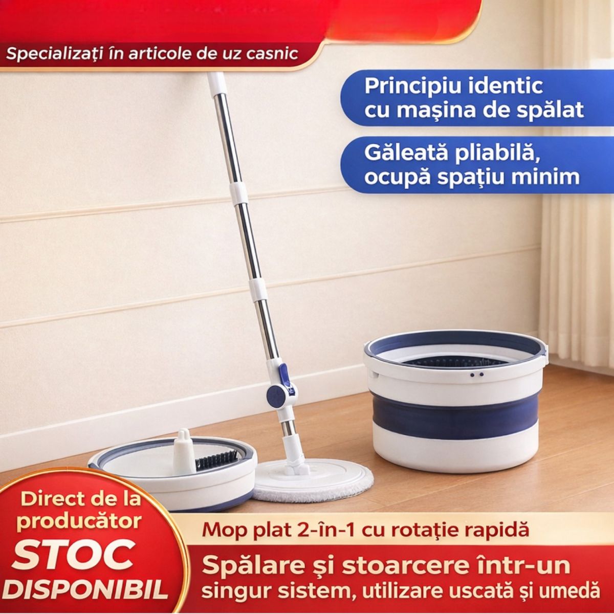 Mop Rotativ cu Mâner Telescopic 118–140cm si Găleată Pliabilă 32x19cm, Stoarcere prin Rotire din Plastic Engros